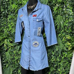 GRIFFLIN‎ PARIS Top Women Small Blue Denim Patch Button Long Blouse 2510